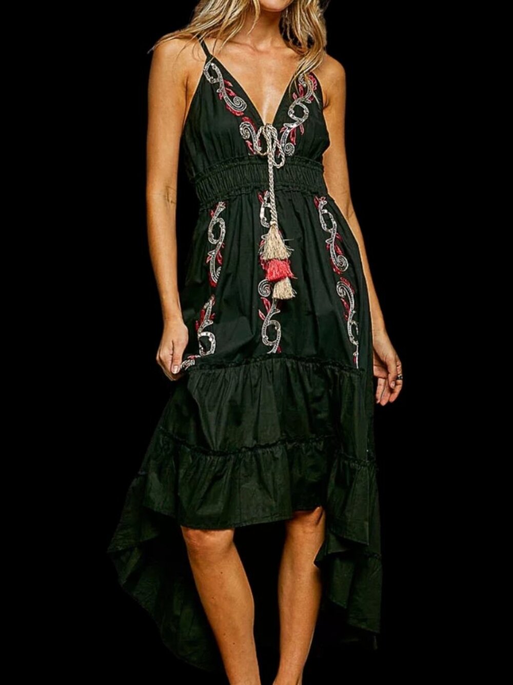 POL Embroidered Detail Tassel Tie Smocked Waist Midi Tiered Cami Dress - Black